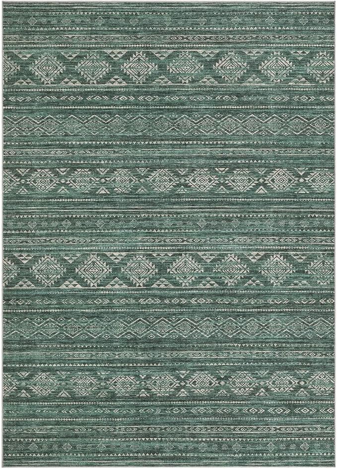 Nakagishi 7x9 Area Rugs Living Room: Washable Boho Large Neutral Soft Farmhouse Rug Stain Resistant Modern Indoor Floor Non-Slip Carpet for Bedroom Nursery Kids Playroom Office Dining Room Dorm- Green