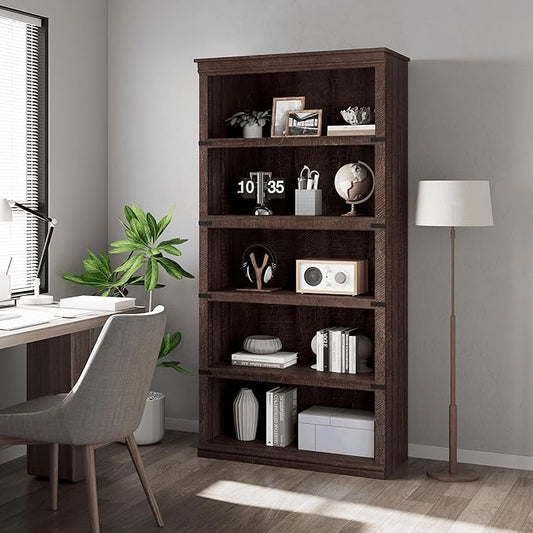 GarveeHome 5 Tier Farmhouse Bookcase, 67.4" Tall Book Shelf with Storage, Wooden Bookshelves 5 Shelf Display Shelvesfor Home Office, Living Room, Bed Room (Grey, 67.4" H x 31.5" W x 12.8" D)