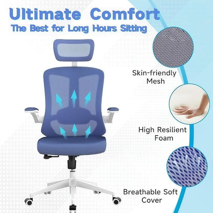 Ergonomic Office Chair - 350LB Comfy Desk Chairs with Adjustable Headrest and Lumbar Back Support, Mesh Computer Chairs with Wheels and Arms for Home Office, Study (Blue-with Headrest)