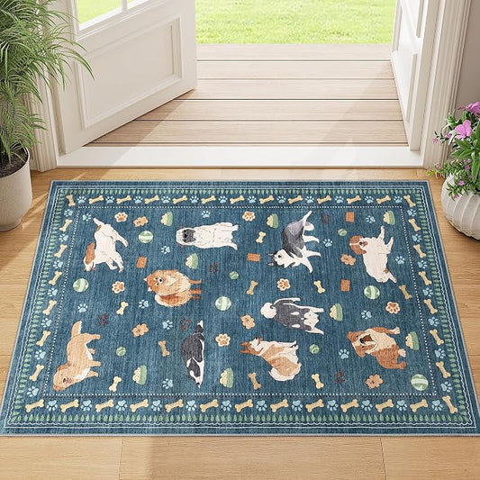 DUKINO 2x3 Entryway Rug, Washable Small Door Mat Indoor Entance Lightweight Area Rug with Non Slip, Low Pile & Non Shedding Animal Dog Throw Carpet for Kitchen, Bathroom, Bedroom, Kids Room, Blue