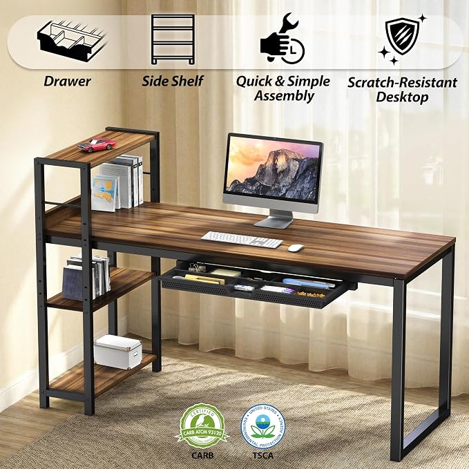 SHW 46-Inch Home Office Mission Computer Desk with Side Shelf and Drawer, Walnut