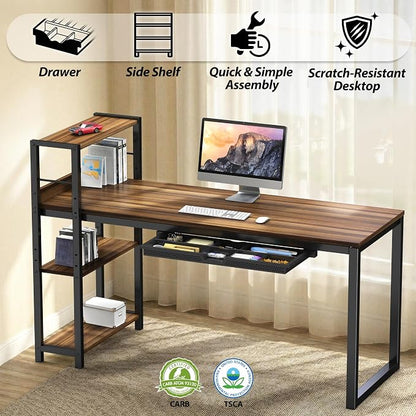 SHW 46-Inch Home Office Mission Computer Desk with Side Shelf and Drawer, Walnut