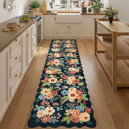 DUKINO 2.6x10 Runner Rug for Hallway, Lightweight Washable Floral Kitchen Rug with Non Shedding, Soft Low Pile & Non Slip Backing Boho Runner for Entryway, Bathroom, Laundry, Bedroom, Navy Blue