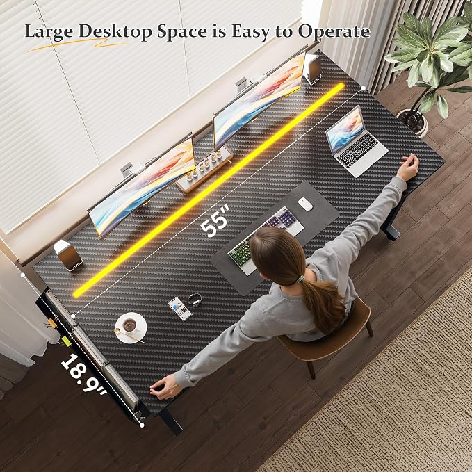 DurayLoly 55” Carbon Fiber Gaming Desk, IP65 RGB LED Computer Desk with Side Storage Bag & Headphone Hook, Sturdy Metal Frame Space Saving Home Office Desk for Teens Bedroom Dorm Study Gaming Room