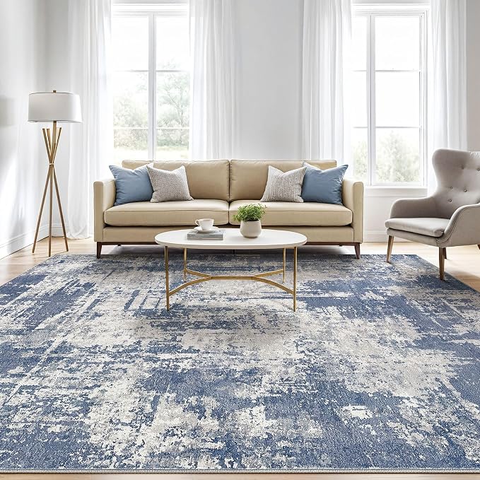 Area Rugs 9x12 Living Room: Washable Large Abstract Modern Soft Rugs Stain Resistant Indoor Floor Non Slip Accent Carpet for Bedroom Nursery Playroom Office Dining Room Dorm Home Decor- Navy Grey