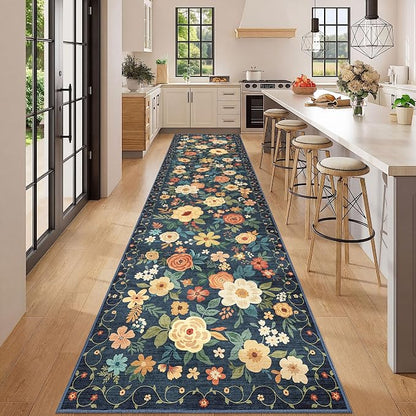 DUKINO 3x12 Washable Runner Rug, Non Slip Soft Floral Hallway Runner Rug with Non Shedding Design, Low Pile Loog Floor Carpet for Kitchen, Hallway, Bathroom, Entryway, Laundry, Navy Blue