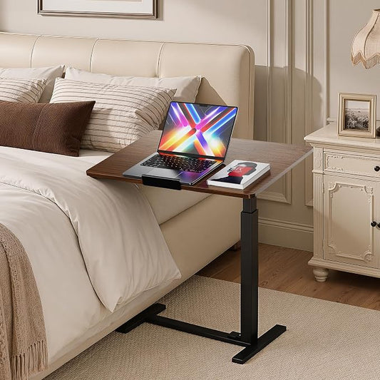 Mobile Standing Desk Adjustable Overbed Table, Pneumatic Height Adjustable Rolling Laptop Desk with Hidden Wheels, 0-180°Tilt Top Rolling Computer Cart Foldable for Home Office, Craft & Study, Brown