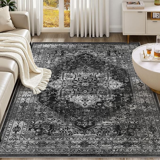 UERMEI 5x7 Area Rug Living Room Rugs - Washable Vintage Soft Large Rug Indoor Floor No Slip Rug Carpet for Bedroom Farmhouse Under Dining Table Home Office Decor - Black