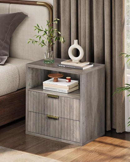 WLIVE Fluted Night Stand Set 2, Wood Nightstands Sets of 2 with Storage Drawers and Open Shelf, Mid Century Modern Bed Side Tables for Bedroom, Dorm, Greige