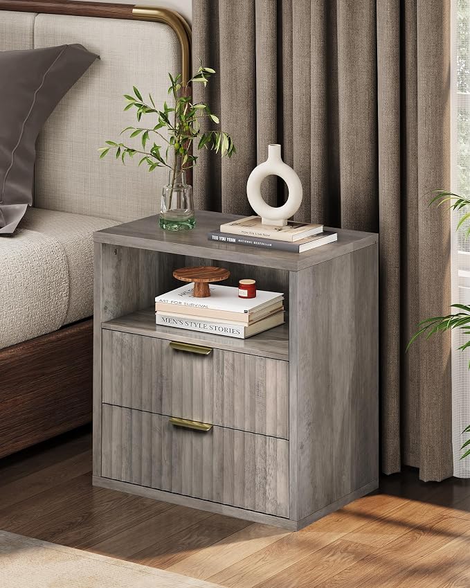 WLIVE Fluted Night Stand, Wood Nightstands with 2 Storage Drawers and Open Shelf, Mid Century Modern Bed Side Tables for Bedroom, Dorm, Greige