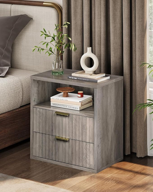 WLIVE Fluted Night Stand, Wood Nightstands with 2 Storage Drawers and Open Shelf, Mid Century Modern Bed Side Tables for Bedroom, Dorm, Greige