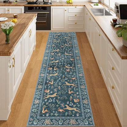 DUKINO Runner Rug, 2x8 Washable Kitchen Rugs for Hallways with Non Slip Backing, Soft Low Pile Vintage Animal Runner for Kitchen, Hallway, Entryway, Laundry, Bedroom, Blue