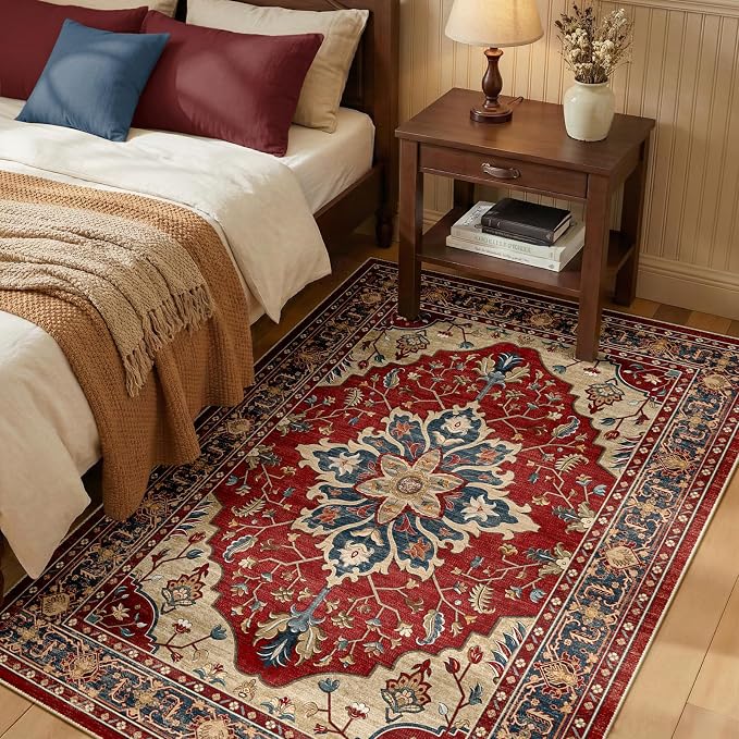 RELEANY Area Rugs 3'x4' Washable Non-Slip, Floral Vintage Distress Medallion Carpet for Living Room Bedroom Dining Room, Red Blue