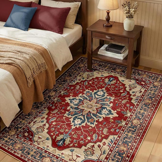 RELEANY Area Rugs 3'x4' Washable Non-Slip, Floral Vintage Distress Medallion Carpet for Living Room Bedroom Dining Room, Red Blue