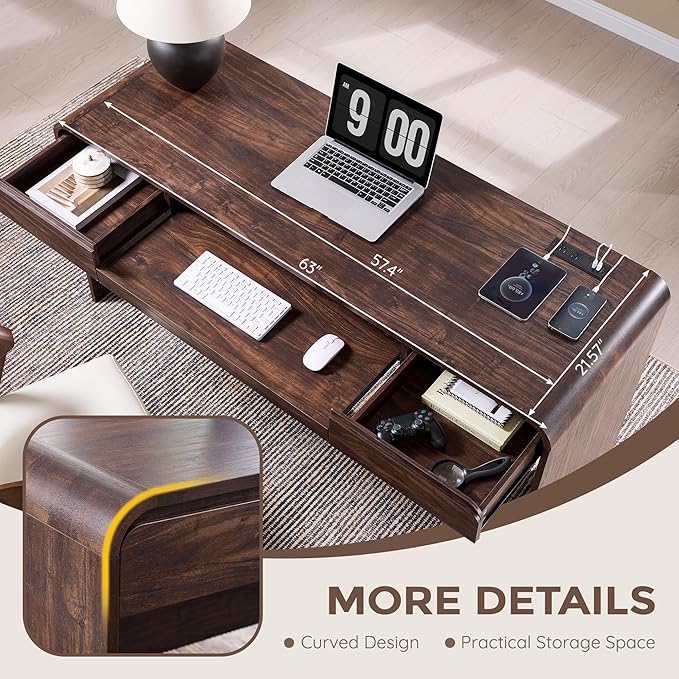 63" Modern Computer Desk with 2 Drawers, Wood Curved Executive Desk with Keyboard Tray & Power Outlet, Writing Desks with Storage for Home Office, Study Room, Living Room (Brown)