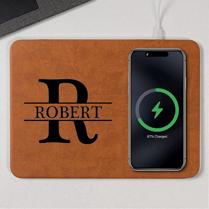 Personalized Leather Charging Mat, Custom Initial Names for Him, Dad, Son, Husband, Boyfriend, Coworkers, Wireless Charging Desk Mat, Birthday Fathers Day Gift for Dad, Papa, Grandpa, Daddy 3