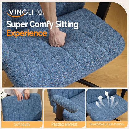 VINGLI Criss Cross Chair with Adjustable Flip-Up Arms,Cross Legged Chair with Wheels,Extra Wide Office Chair,Desk Chair for Home Office,Vanity,Bedroom, Apartment,Starry Chenille,Navy Blue