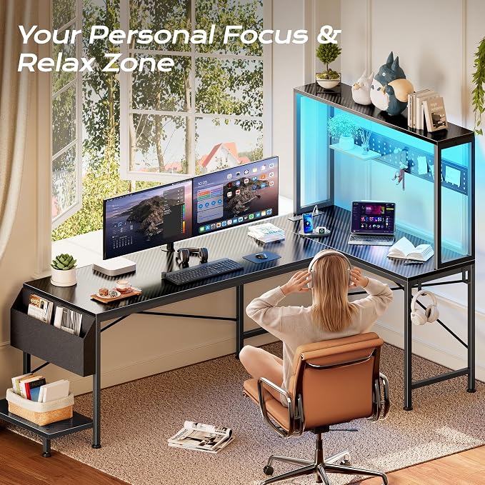 PRAISUN L Shaped Gaming Desk with LED Lights & Power Outlets, Reversible Computer Desk with Storage Shelves & Bag, Large Corner Home Office Desk with Pegboard for Work from Home, Carbon Fiber Black