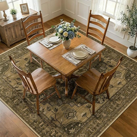 RELEANY Area Rugs Square 8ft Washable Non-Slip, Floral Vintage Distress Medallion Carpet for Living Room Bedroom Dining Room, Brown Dark Brown