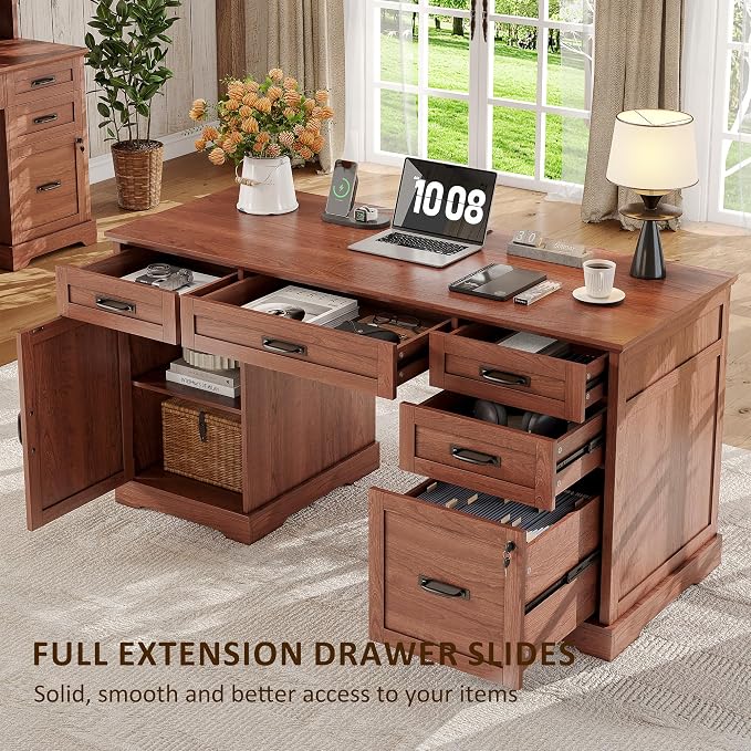 Whalefall 55'' Farmhouse Desk Home Office with Drawers, Brown | Executive Computer Desk with File Cabinet and Charging Station, Wooden Small Desk with Locking Drawers Storage