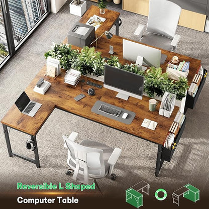 DurayLoly 63" L Shaped Desk with Power Outlets and LED Lights, Reversible Corner Home Office Desk, 0.95" Thick Desktop 220 lbs Capacity, Computer Gaming Desk for Bedroom Study, Brown