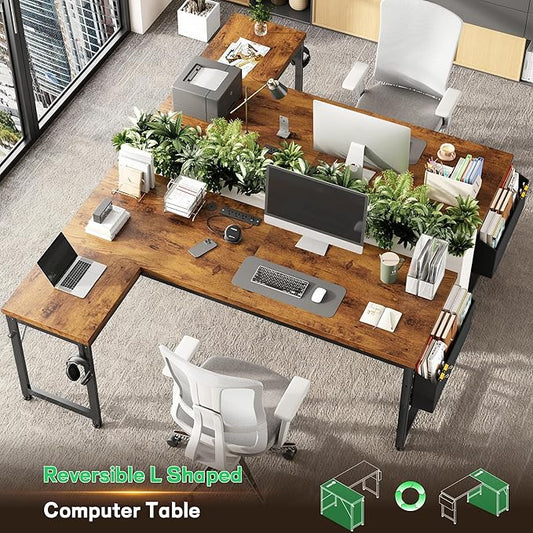 DurayLoly 63" L Shaped Desk with Power Outlets and LED Lights, Reversible Corner Home Office Desk, 0.95" Thick Desktop 220 lbs Capacity, Computer Gaming Desk for Bedroom Study, Brown
