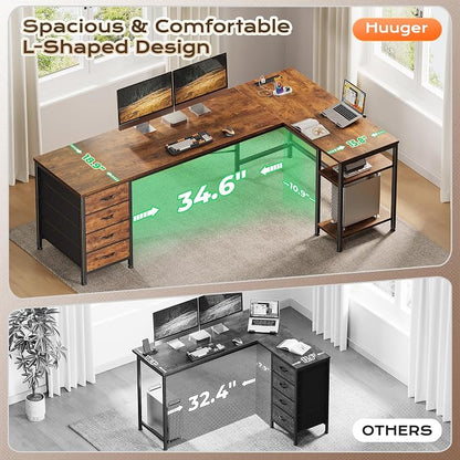 Huuger 63 Inch L Shaped Desk with Fabric Drawers, Computer Office Desk with Power Outlets and USB-C Port, Corner Desk with Storage Shelves, Work Study Home Office, Reversible, Rustic Brown, 1CD079F