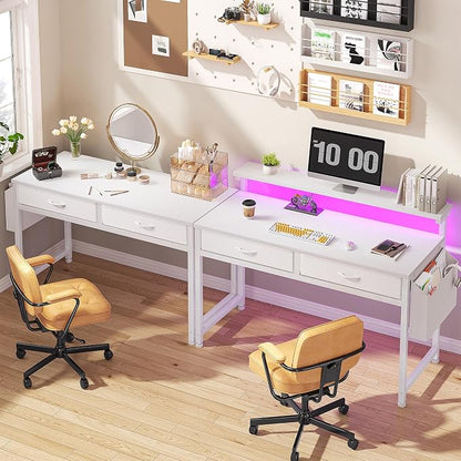 DurayLoly Computer Desk with 2 Drawers & LED Lights,39.4 Inch Home Office Desks with Side Pocket and Monitor Stand,Study Writing Table for Small Spaces,White