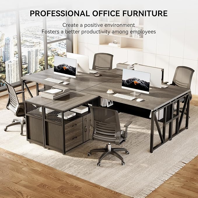 LITTLE TREE 55" Executive Computer Desk and Lateral File Cabinet, L-Shaped Office Desk for Home Office, Furniture Set, Grey