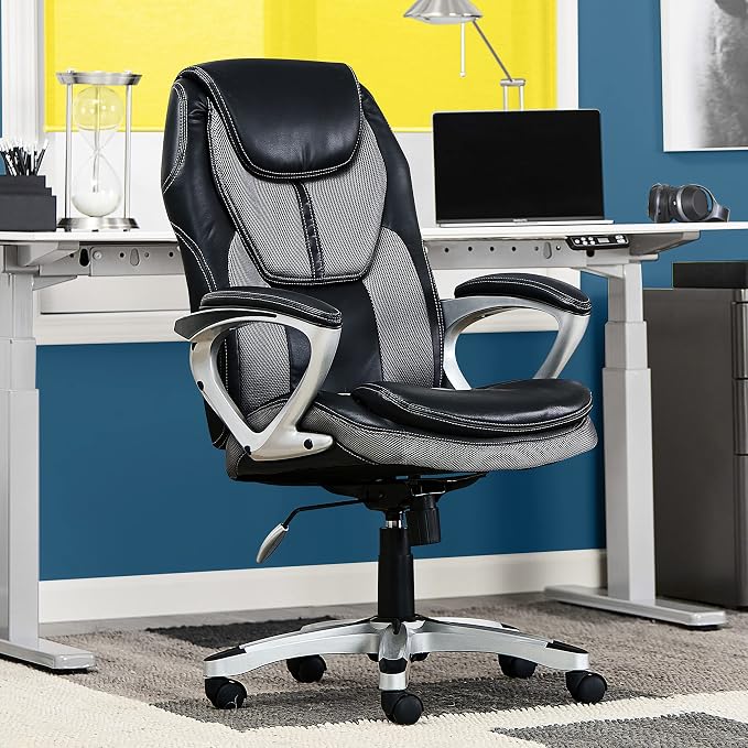 Serta Amplify Executive Office Chair with Faux Leather and Mesh, Adjustable Ergonomic Comfy Seat with Lumbar Support, Modern Computer DeskChairs, Swivel Rolling Wheels, Gray