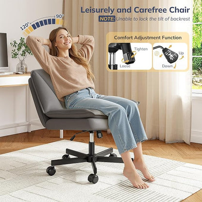 DurayLoly Criss Cross Chair with Wheels, Cross Legged Office Chair with 2 Layer Comfty Leather & Back, Armless Wide Vanity Chair for Home Office, Grey