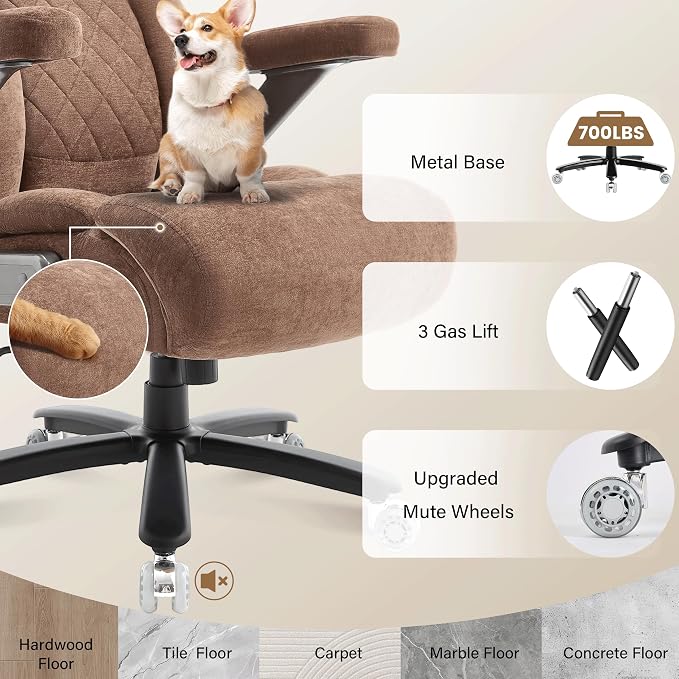 Fabric 700lbs Big and Tall Office Chair, Ergonomic Heavy Duty Executive Cloth Office Chair with 5D Flip Arms & Adjustable Lumbar Support & Dual Rubber Wheel, Large Thick Padded Extra Wide Seat, Brown