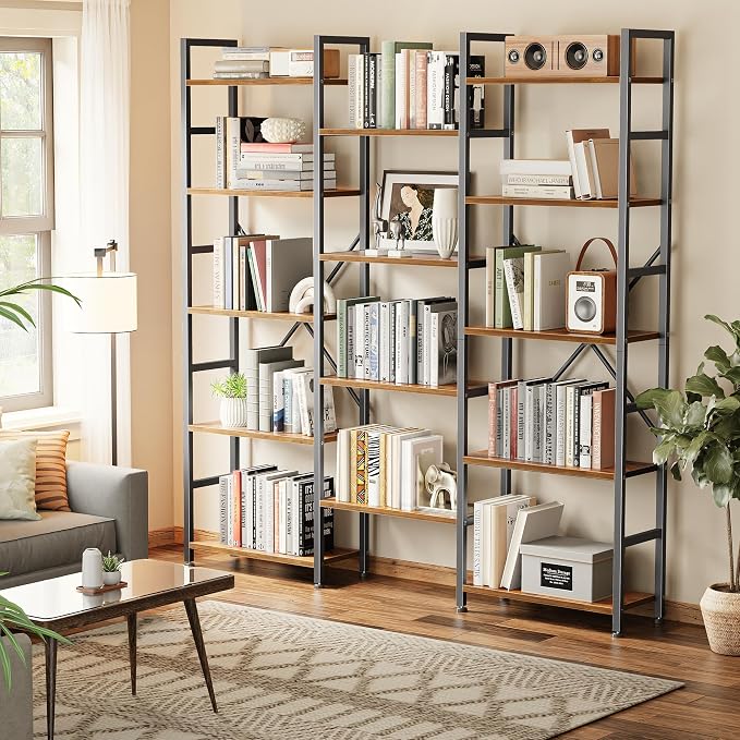 SUPERJARE Triple Bookshelf, Bookcase with 14 Open Display Shelves, Wide Book Shelf Book Case for Home & Office, 5 Tier, Brown