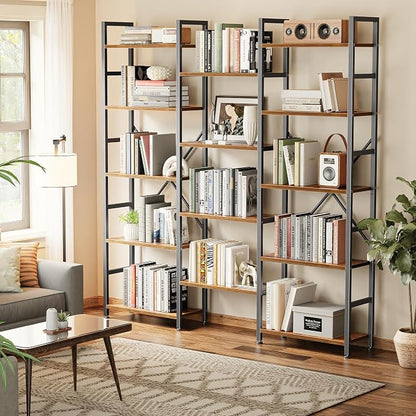 SUPERJARE Triple Bookshelf, Bookcase with 14 Open Display Shelves, Wide Book Shelf Book Case for Home & Office, 5 Tier, Brown