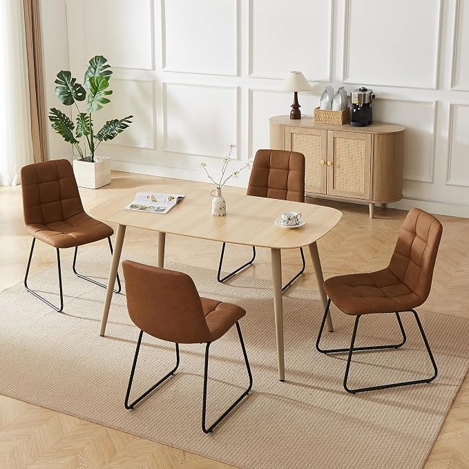 HIPIHOM Modern 4-Piece Dining Table Set for 4 | 55-Inch Wood Kitchen Table & 4 Brown Leather Chairs | Space-Saving Dining Set for Small Spaces, Breakfast Nook, Dining Room