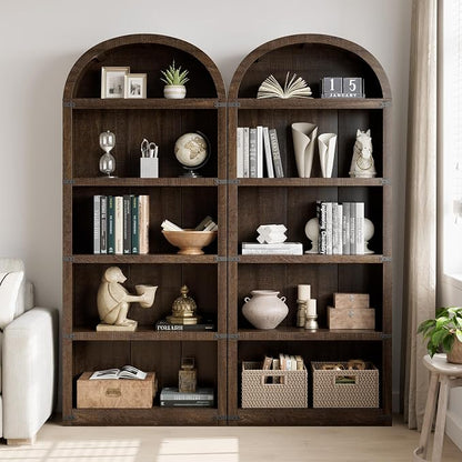 GarveeHome Bookcase 5 Shelf Arched Bookshelf 71.65in Tall Bookcase Farmhouse Display Storage Rack Wooden Bookshelves for Home Office, Living Room (Brown)
