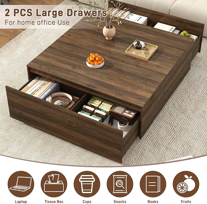 47 Inch Large Square Coffee Table with Storage,Modern Wooden Coffee Tables with 2 Drawers Storage for Living Room,Mid Century Tea Table/Aesthetic Coffee Table Center Table for Home Office(Walnut)