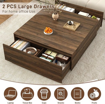 47 Inch Large Square Coffee Table with Storage,Modern Wooden Coffee Tables with 2 Drawers Storage for Living Room,Mid Century Tea Table/Aesthetic Coffee Table Center Table for Home Office(Walnut)