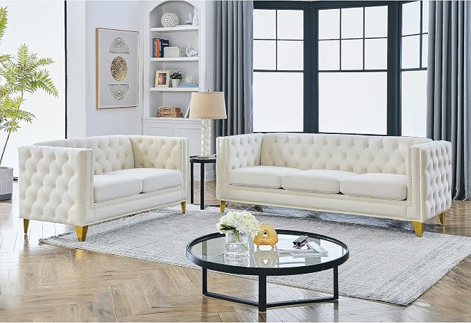 mikibama 2PC Velvet Sofa Couch Set for Living Room,Button Tufted 3 Seater Sofa and 2 Seater Loveseat Couch,Modern Upholstered Sofas with Nailhead Trims,Golden Metal Legs for Bedroom