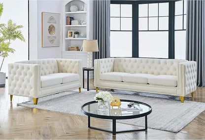 mikibama 2PC Velvet Sofa Couch Set for Living Room,Button Tufted 3 Seater Sofa and 2 Seater Loveseat Couch,Modern Upholstered Sofas with Nailhead Trims,Golden Metal Legs for Bedroom