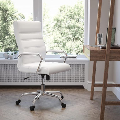 EMMA + OLIVER Faux Leather High-Back Swivel Home Office Desk Chair with Wheels, Padded Seat, and Armrests, Adjustable Height Multipurpose Office Chair, White/Chrome