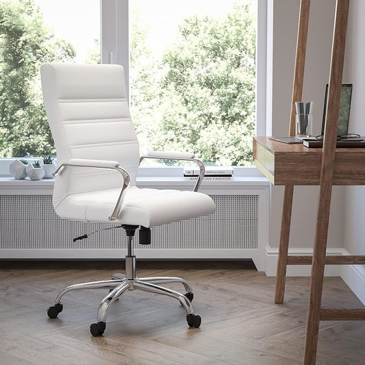 EMMA + OLIVER Faux Leather High-Back Swivel Home Office Desk Chair with Wheels, Padded Seat, and Armrests, Adjustable Height Multipurpose Office Chair, White/Chrome
