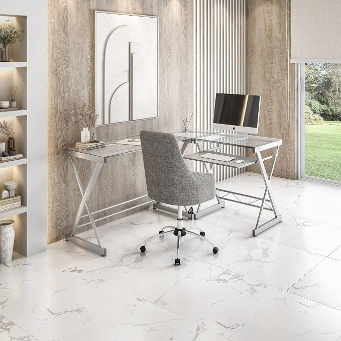 Techni Mobili L Shaped Desk with Keyboard Tray - Efficient Work from Home Desk - Glass L Shaped Desk - Professional Work Desk for Home Office - Versatile Glass Corner Desks for Home Office