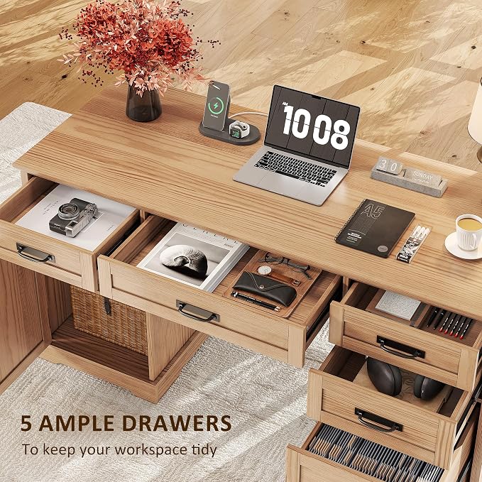 Whalefall 55'' Farmhouse Desk Home Office with Drawers, Light Walnut | Executive Computer Desk with File Cabinet and Charging Station, Wooden Small Desk with Locking Drawers Storage