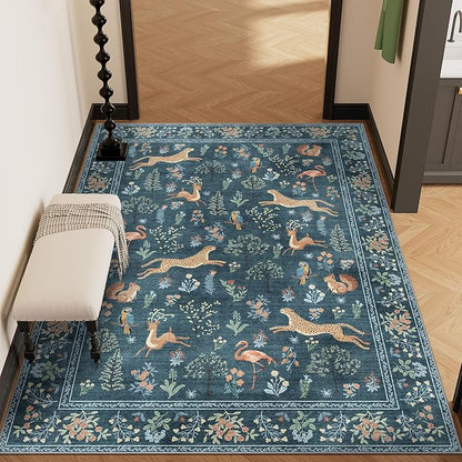 DUKINO 4x6 Rug, Washable Animal Area Rug with Non Slip Vintage Design, Indoor Soft Low Pile Carpet for Bedroom, Nursery, Dining Room, Farmhouse, Playroom, Blue