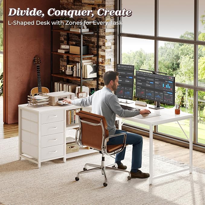 PRAISUN 53" L Shaped Desk with Power Outlets & USB-C Port, Reversible Computer Corner Office Desk with 4 Fabric Drawers and 2 Storage Shelves, Large Desk for Gaming Writing Work Study, White