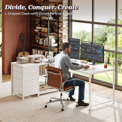 PRAISUN 53" L Shaped Desk with Power Outlets & USB-C Port, Reversible Computer Corner Office Desk with 4 Fabric Drawers and 2 Storage Shelves, Large Desk for Gaming Writing Work Study, White