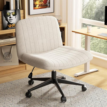 SUNLEI Cross Legged Office Chair, Armless Wide Chair's for Vanity Desk, Criss Cross Comfy Chairs with Back, Desk Chair/s of Height Adjustable Swivel, White
