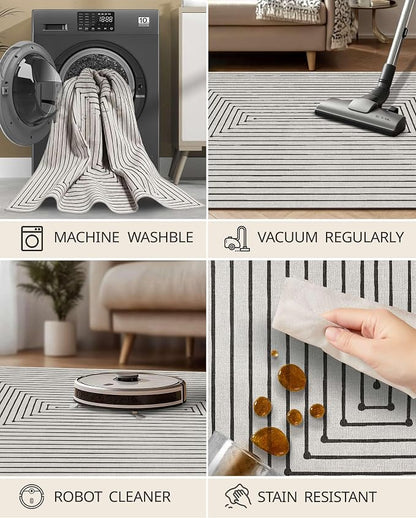 Latte&Fog 8x10 Area Rugs for Living Room Washable Rug Carpet for Bedroom | Washable, Non Slip, Stain Resistant, Soft, Modern Abstract Boho Style, for Dining Room Home Office Dorm, Ivory 8'x10'