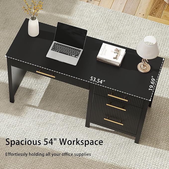 Fluted Executive Desk with Drawers: 54" Black Home Office Desks with File Drawers, Modern Computer Desk with Gold Handles, Writing Table for Study, Living Room (Black, 54")